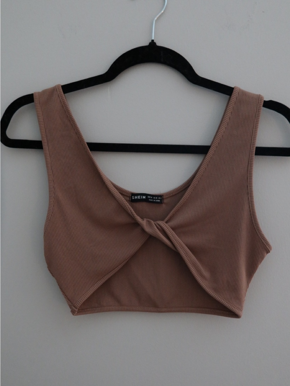 SHEIN Taupe Twist-Front Ribbed Crop Top